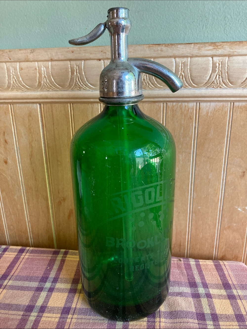 Marigold Green Glass Soda Siphon Bottle with Metal Top - Home Dining